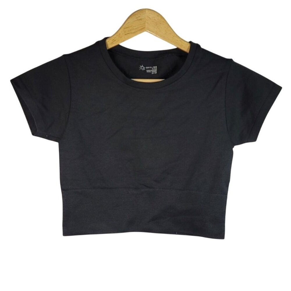 Aerie Offline Sidewalk Seamless Crop Top Black XS Short Sleeve Ribbed Hem Cuff